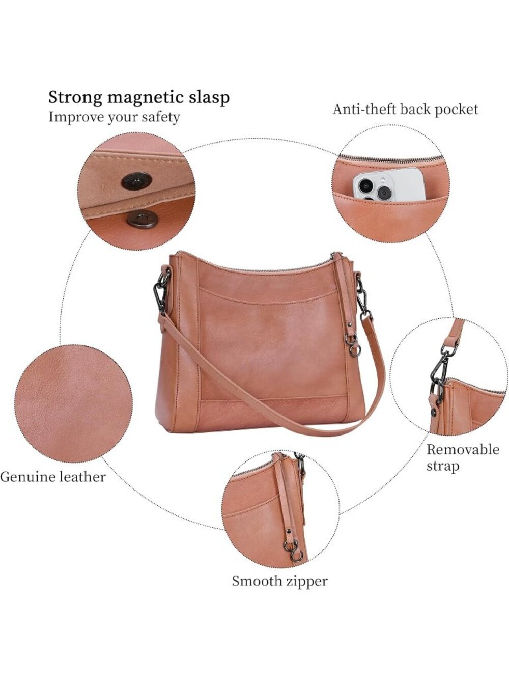 Women's Pink Leather Crossbody Fashion Satchel Handbags with Adjustable Straps - Picture 5 of 6
